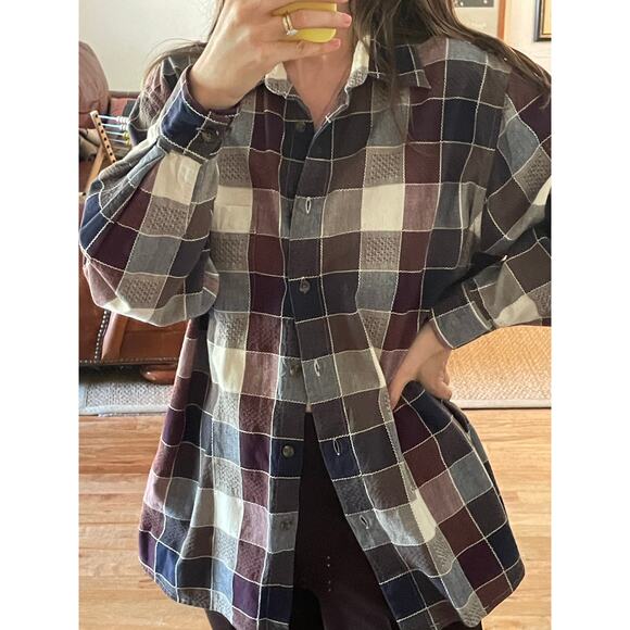 Vintage Tops - Vintage Checked Plaid Button Down Navy Purple Olive